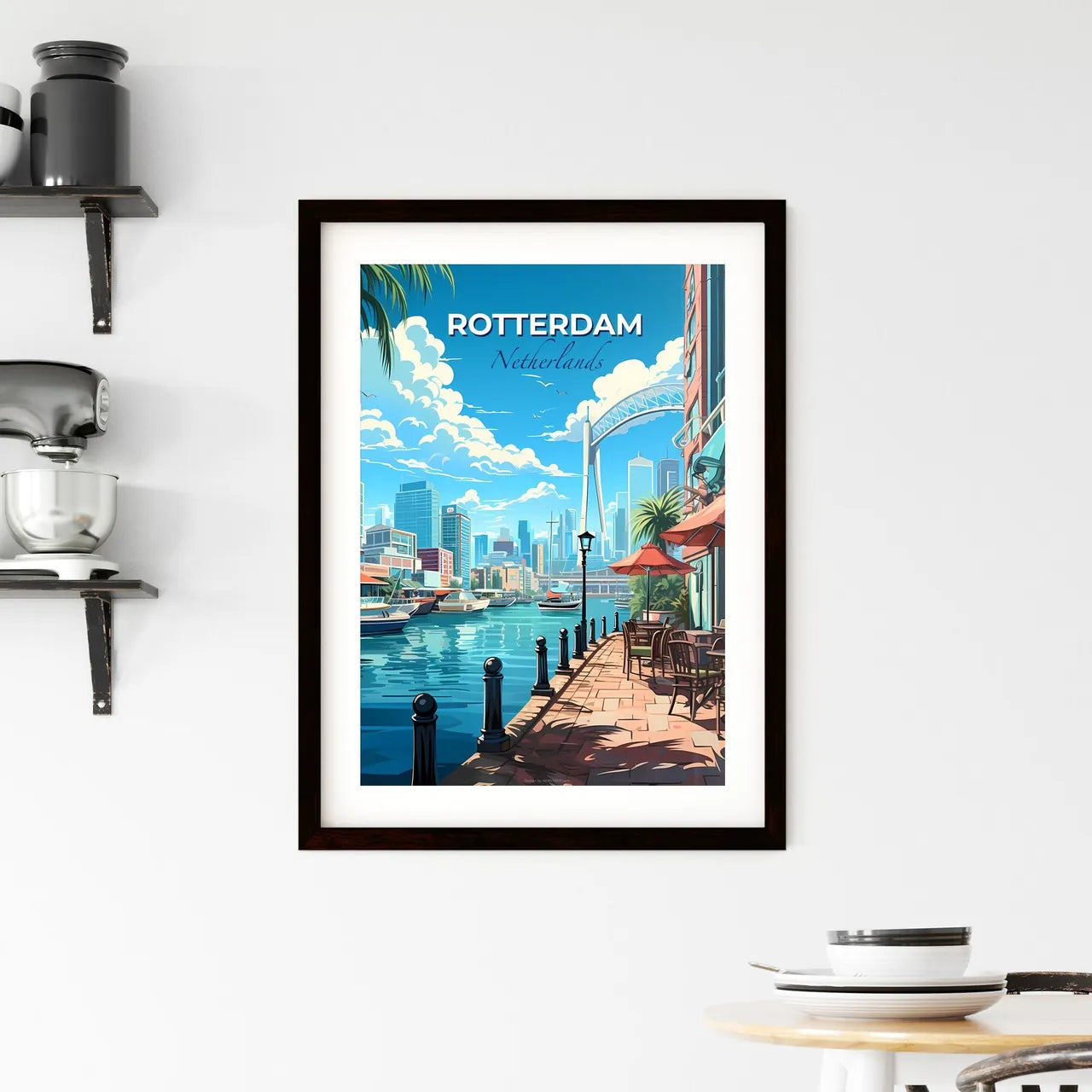 Rotterdam, Netherlands, A Poster of a city waterfront with a bridge and boats Default Title