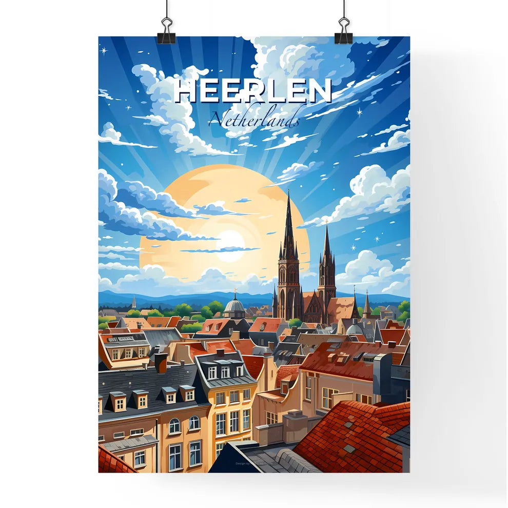 Heerlen, Netherlands, A Poster of a city with a large building and a large sun Default Title