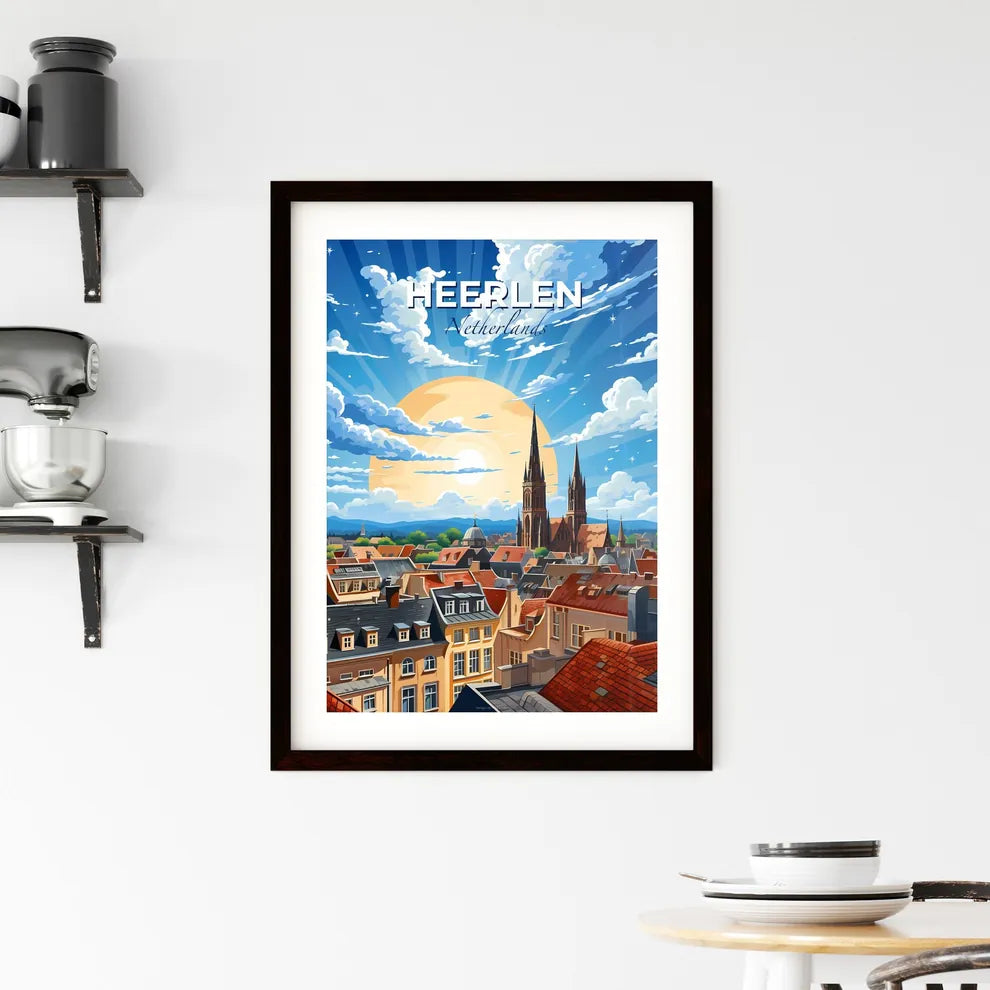 Heerlen, Netherlands, A Poster of a city with a large building and a large sun Default Title