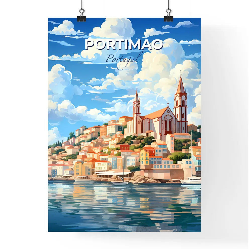 Portimao, Portugal, A Poster of a city on a hill with a boat in the water Default Title