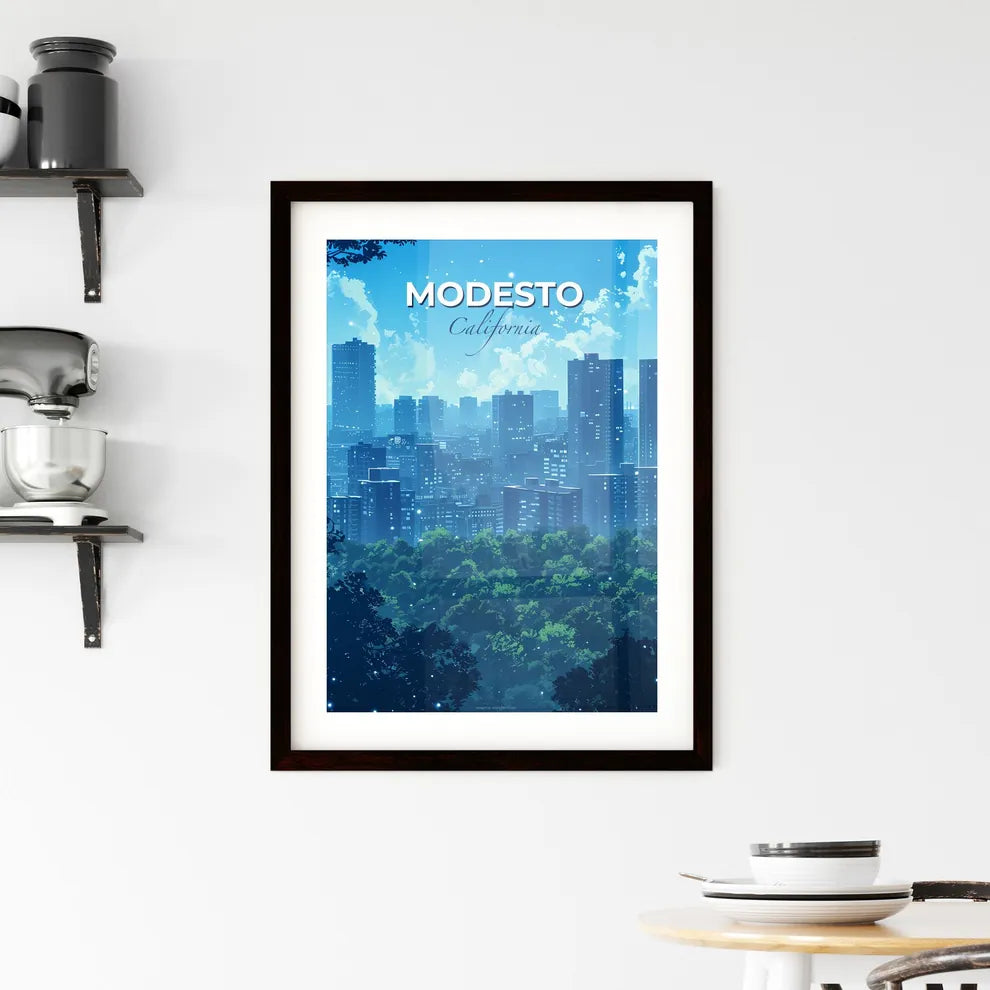 Modesto, California, A Poster of a city with trees in the background Default Title