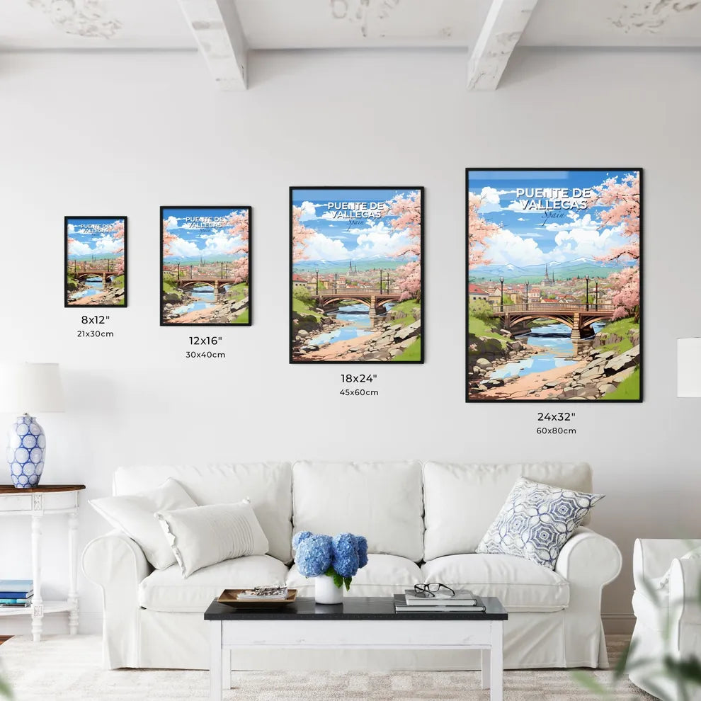 Puente De Vallecas, Spain, A Poster of a bridge over a river with trees and a town in the background Default Title