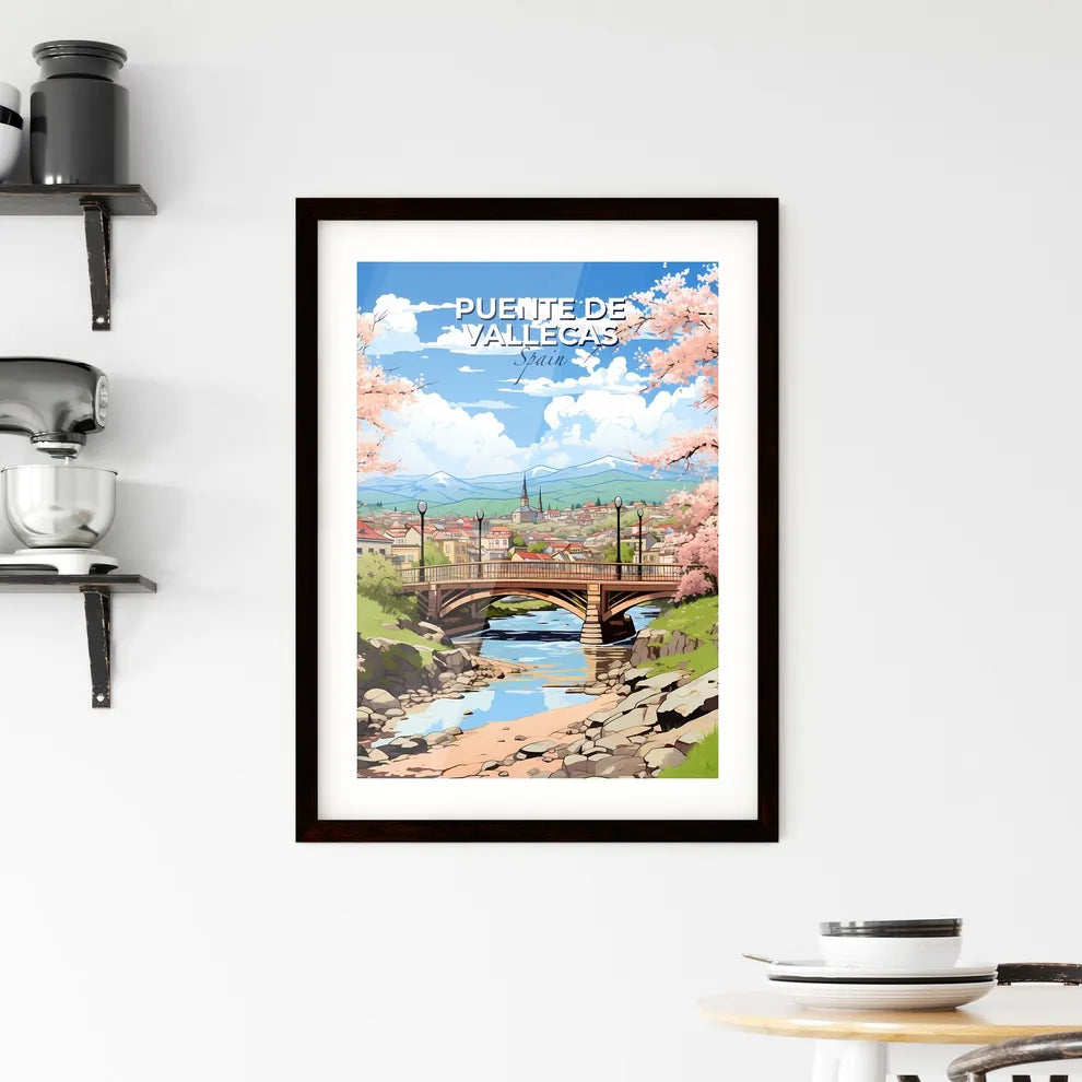 Puente De Vallecas, Spain, A Poster of a bridge over a river with trees and a town in the background Default Title