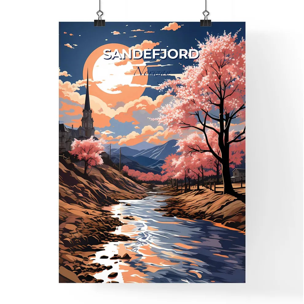 Sandefjord, Norway, A Poster of a river running through a valley with a church and trees Default Title