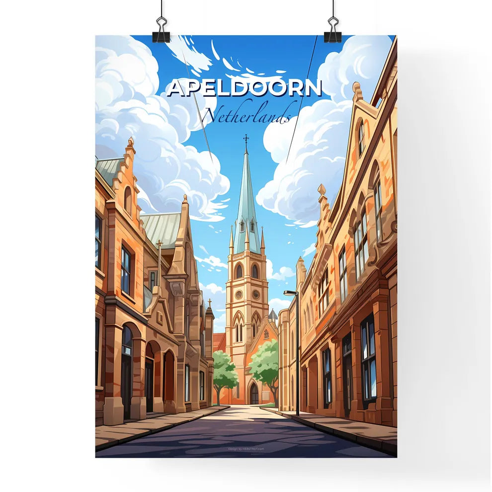 Apeldoorn, Netherlands, A Poster of a street with a church tower Default Title