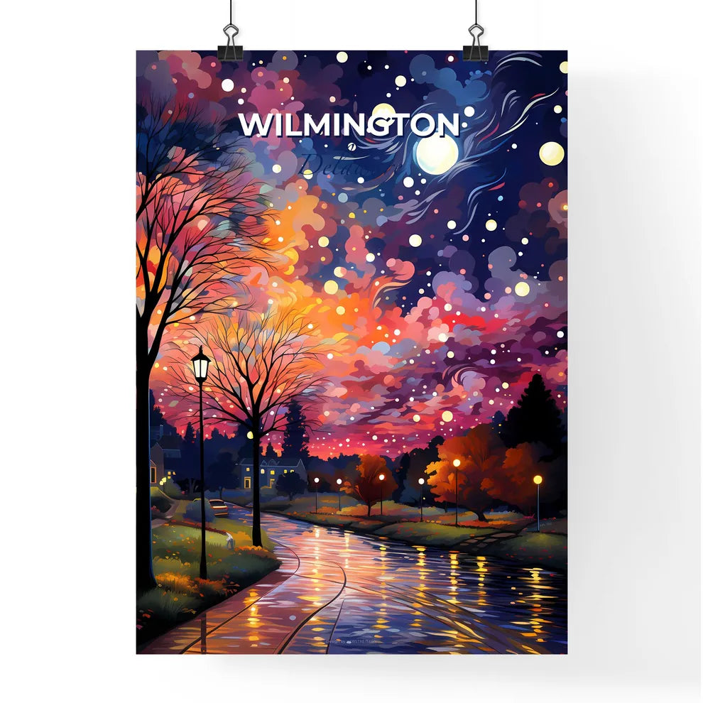 Wilmington, Delaware, A Poster of a painting of a river with trees and a street light and a moon Default Title