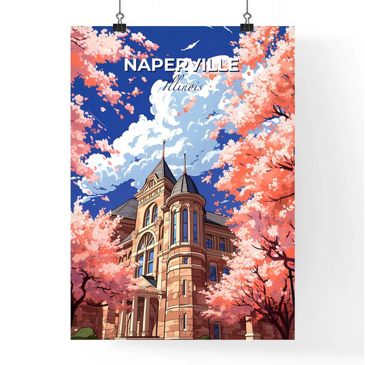 Naperville, Illinois, A Poster of a building with pink trees and blue sky Default Title