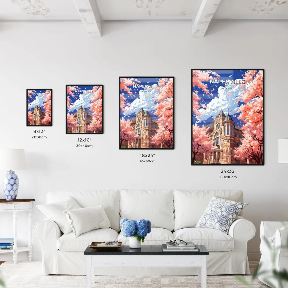 Naperville, Illinois, A Poster of a building with pink trees and blue sky Default Title