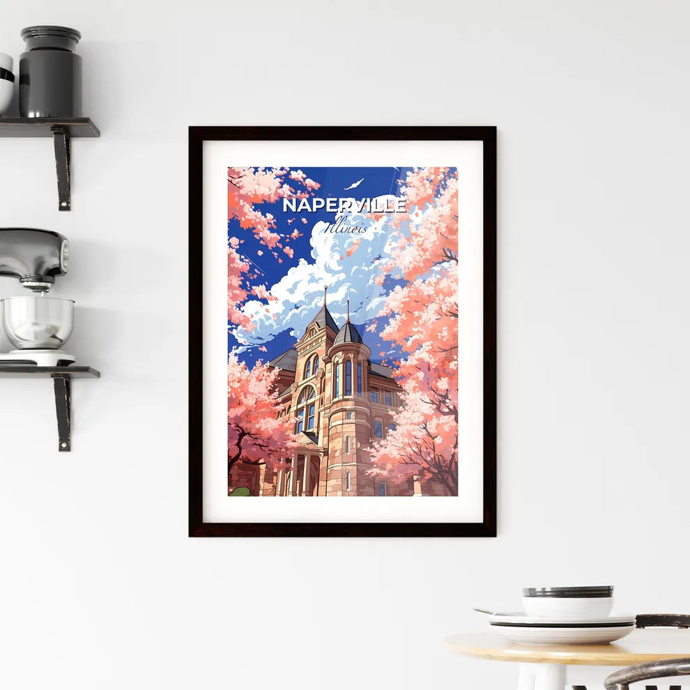Naperville, Illinois, A Poster of a building with pink trees and blue sky Default Title