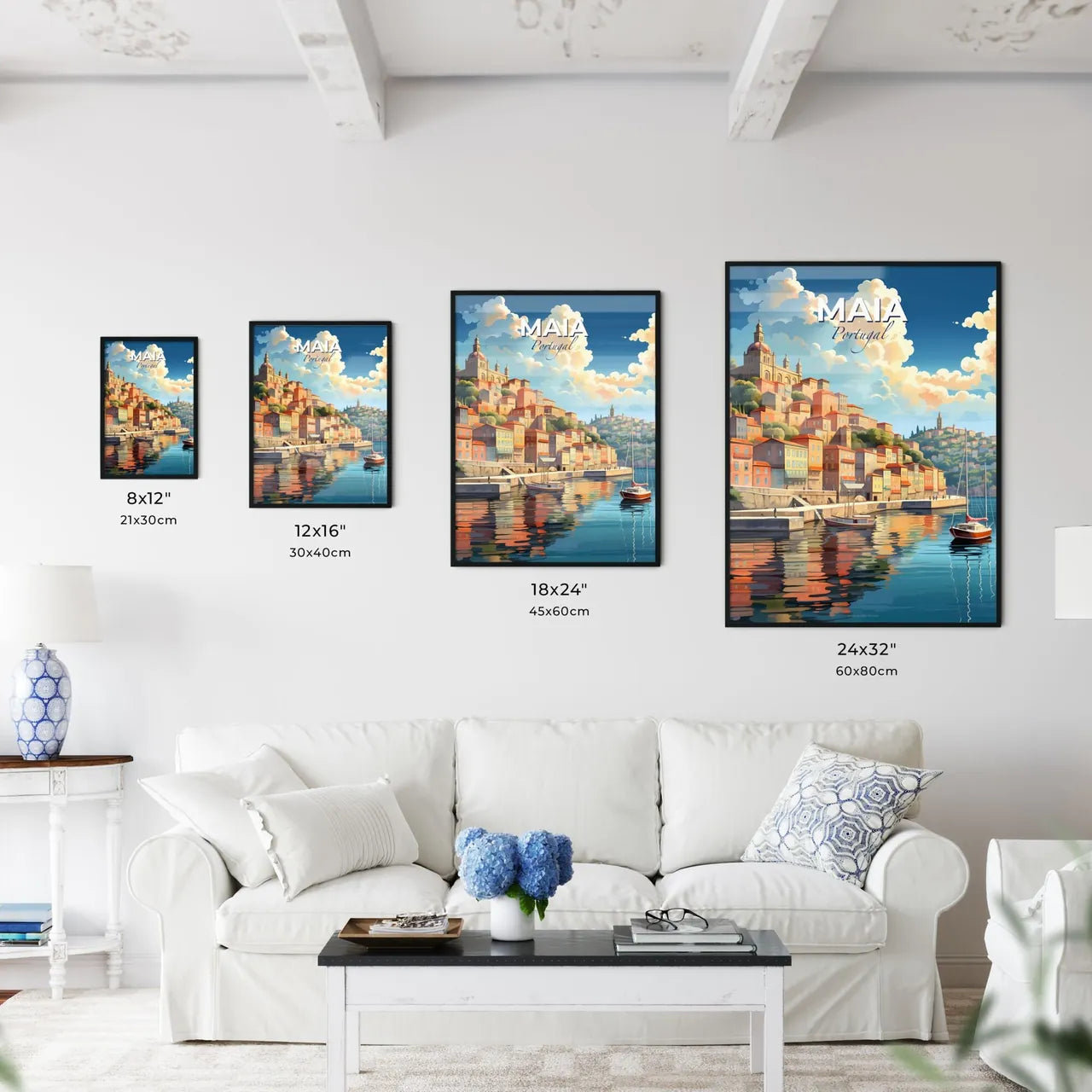 Maia, Portugal, A Poster of a water body with boats and a city on it Default Title