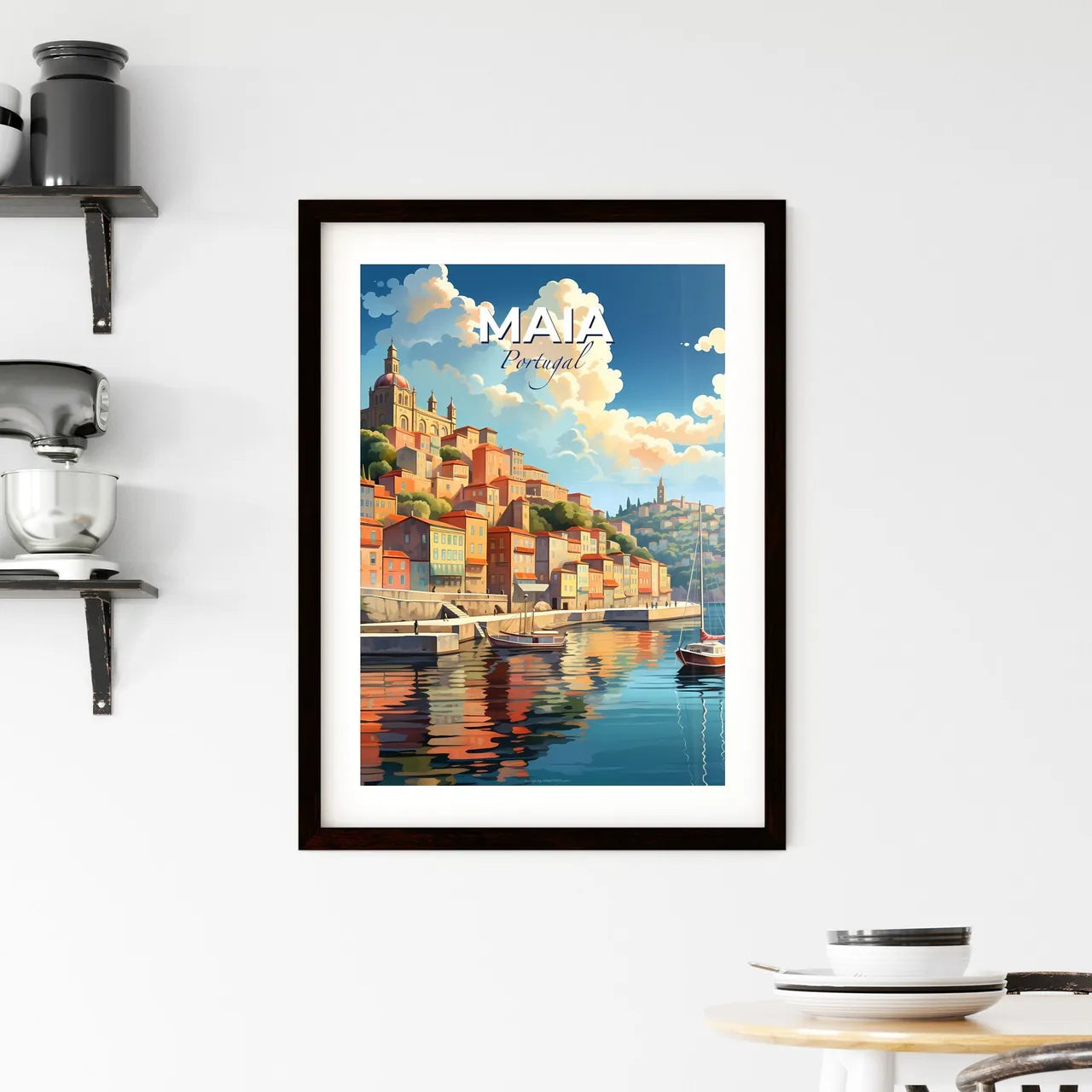 Maia, Portugal, A Poster of a water body with boats and a city on it Default Title