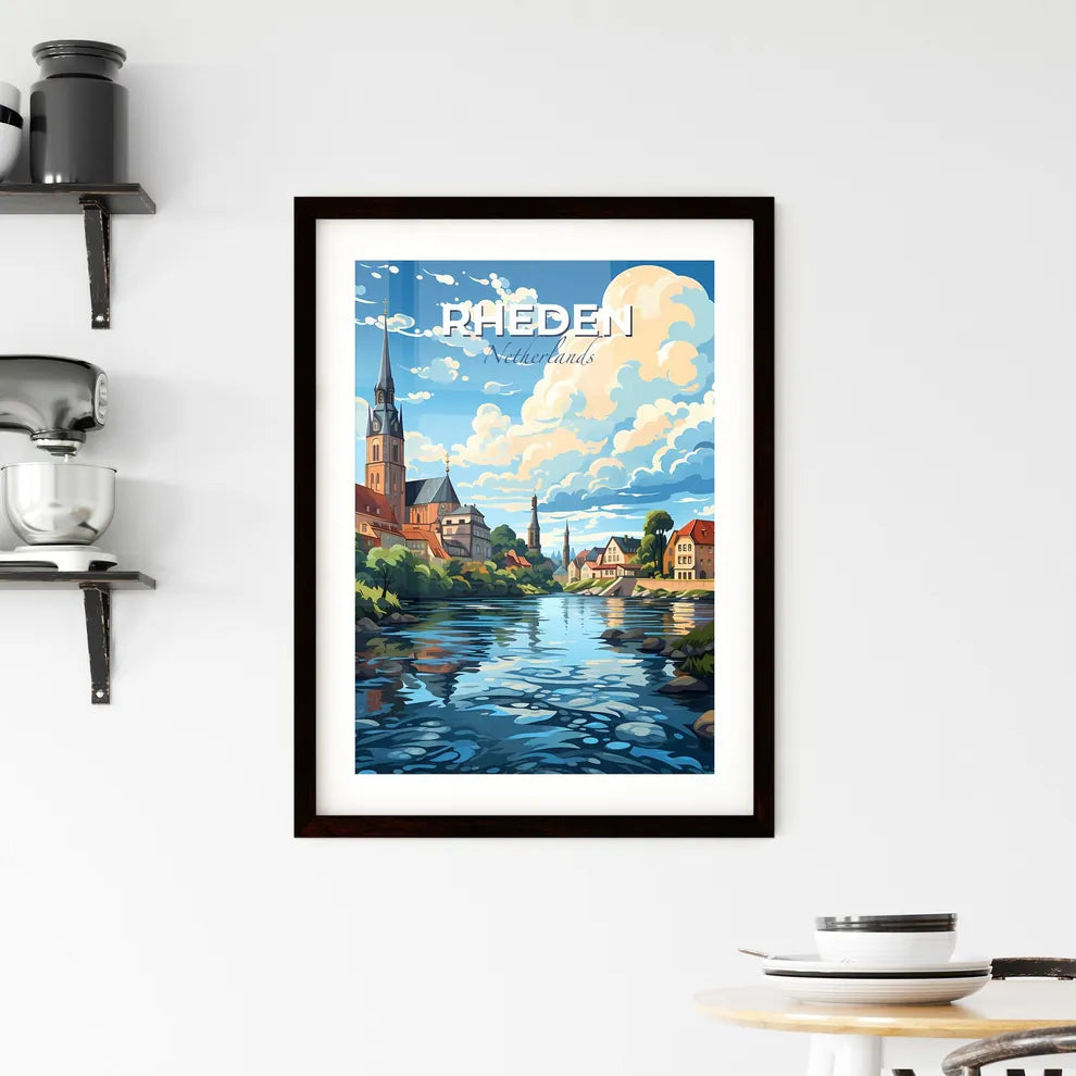 Rheden, Netherlands, A Poster of a river with a church and trees Default Title