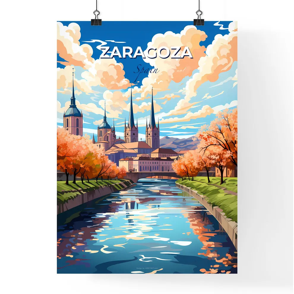 Zaragoza, Spain, A Poster of a river with trees and a castle in the background Default Title