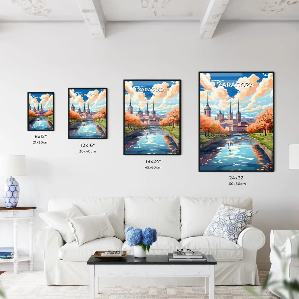 Zaragoza, Spain, A Poster of a river with trees and a castle in the background Default Title