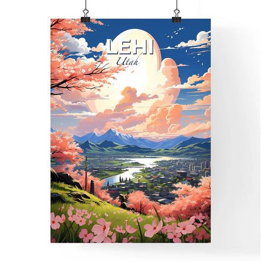 Lehi, Utah, A Poster of a landscape of a city with pink flowers and mountains Default Title