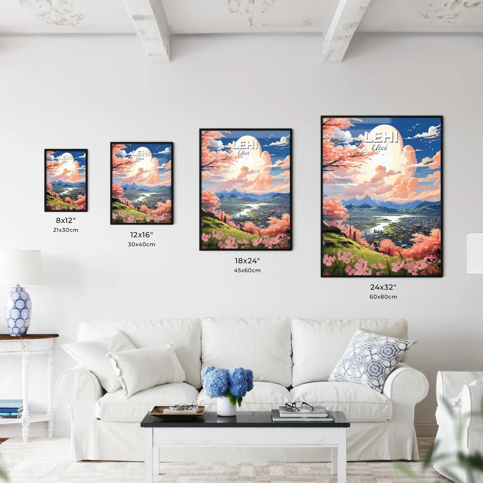 Lehi, Utah, A Poster of a landscape of a city with pink flowers and mountains Default Title