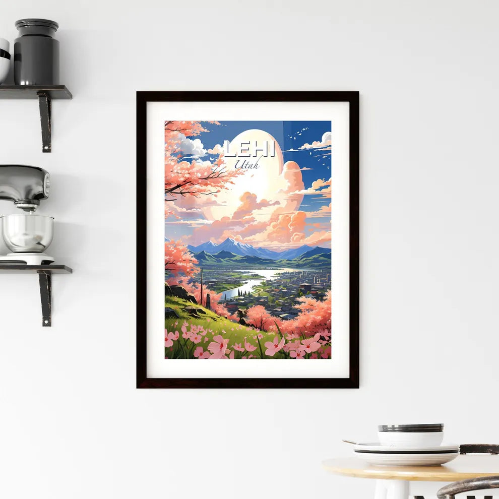 Lehi, Utah, A Poster of a landscape of a city with pink flowers and mountains Default Title