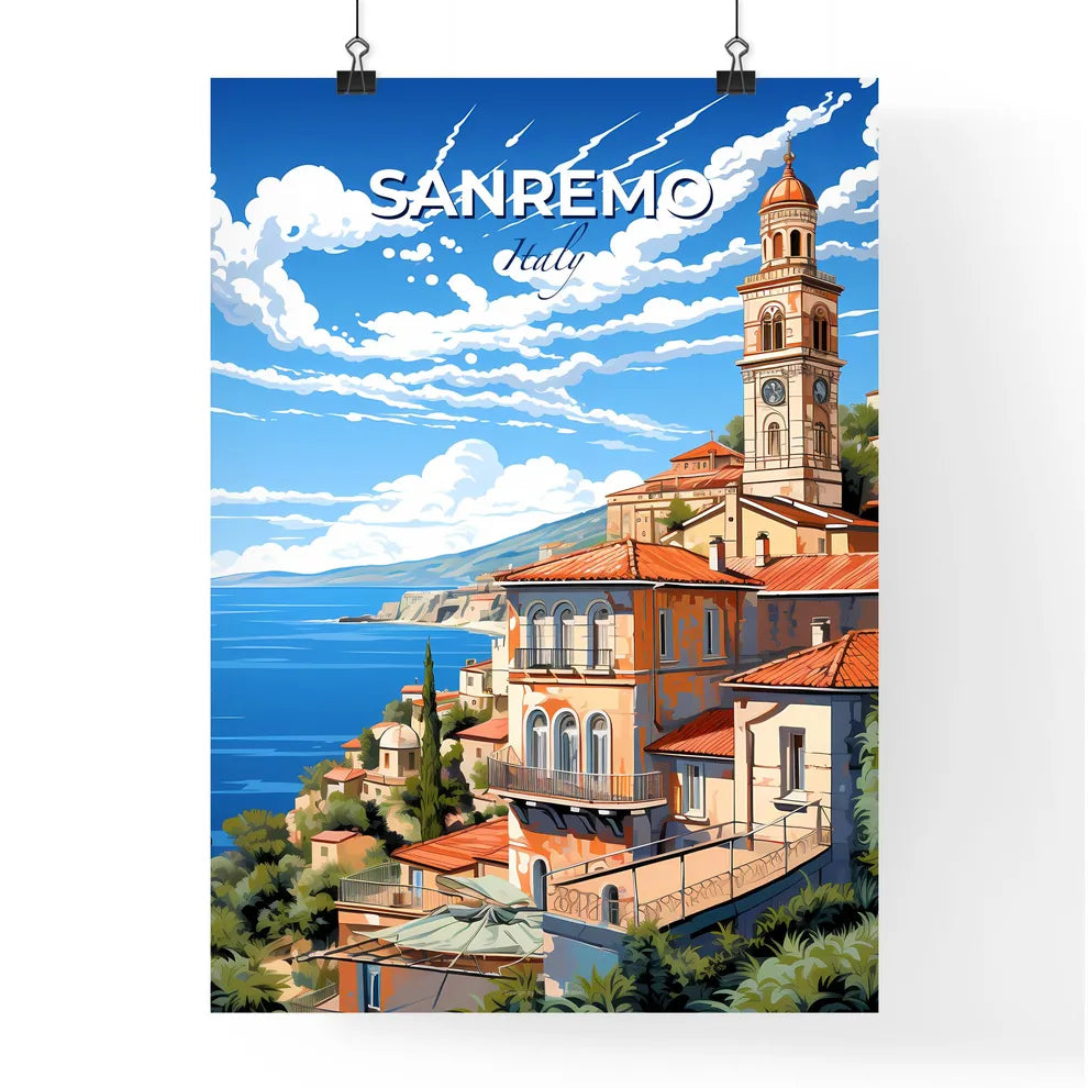 Sanremo, Italy, A Poster of a building with a clock tower on a hill by the water Default Title
