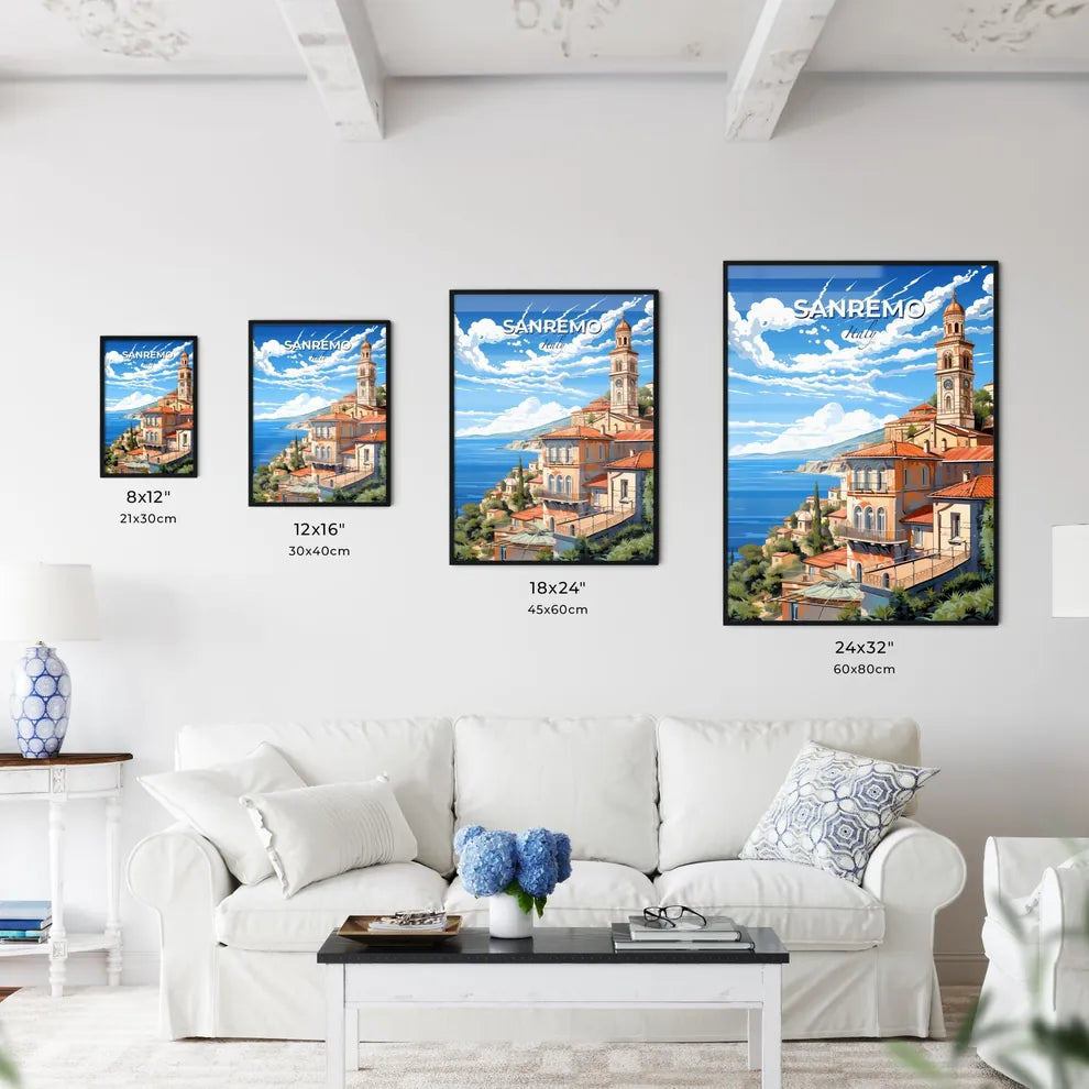 Sanremo, Italy, A Poster of a building with a clock tower on a hill by the water Default Title