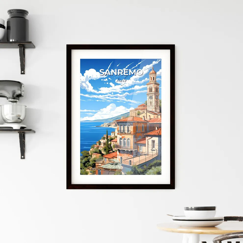 Sanremo, Italy, A Poster of a building with a clock tower on a hill by the water Default Title