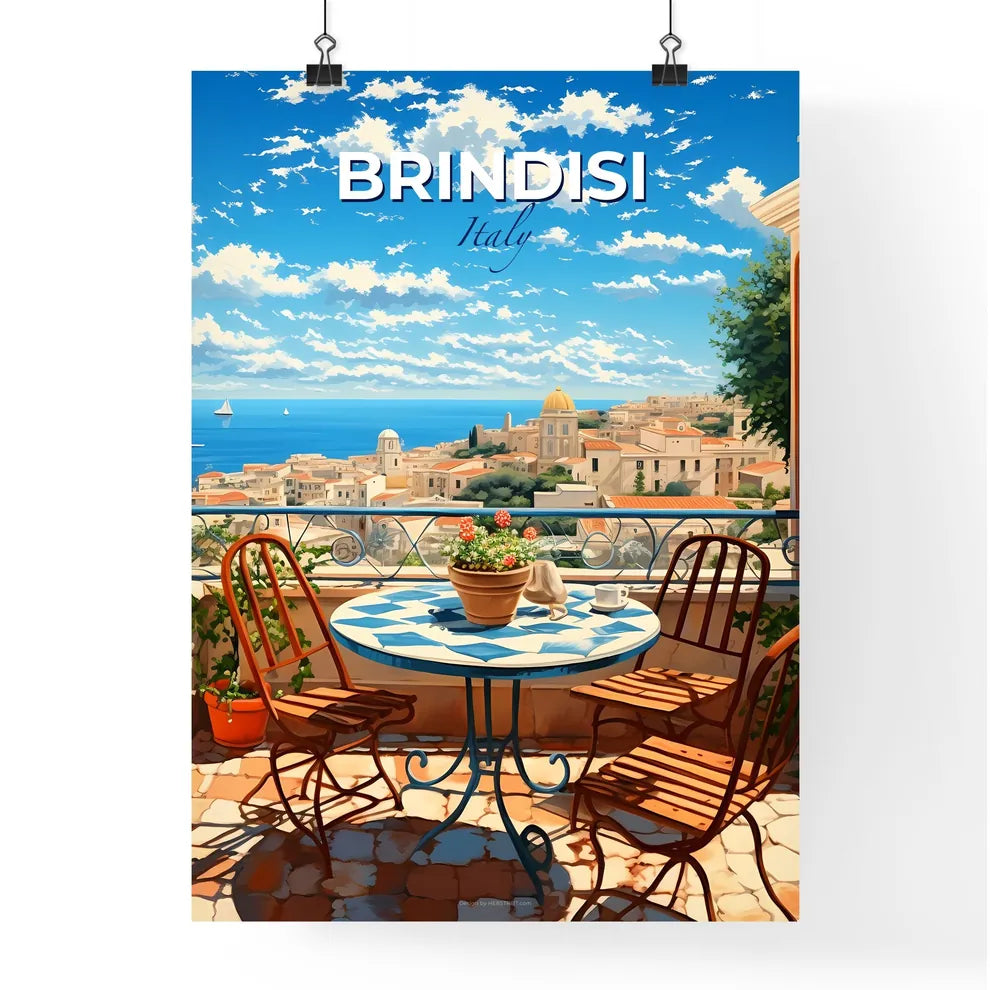 Brindisi, Italy, A Poster of a table and chairs on a balcony overlooking a city Default Title