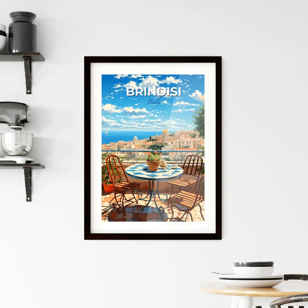 Brindisi, Italy, A Poster of a table and chairs on a balcony overlooking a city Default Title