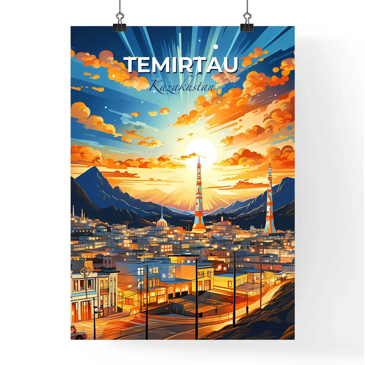 Temirtau, Kazakhstan, A Poster of a city with mountains and sun Default Title