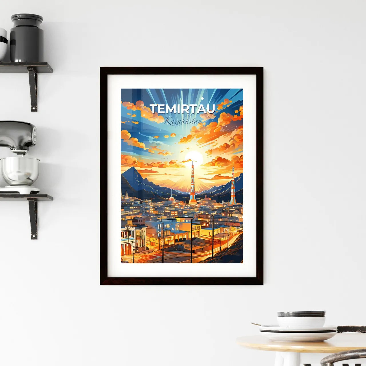 Temirtau, Kazakhstan, A Poster of a city with mountains and sun Default Title