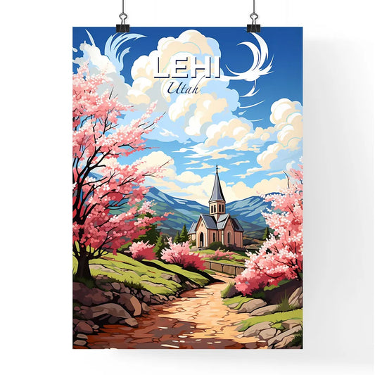Lehi, Utah, A Poster of a painting of a church and a road with pink flowers Default Title