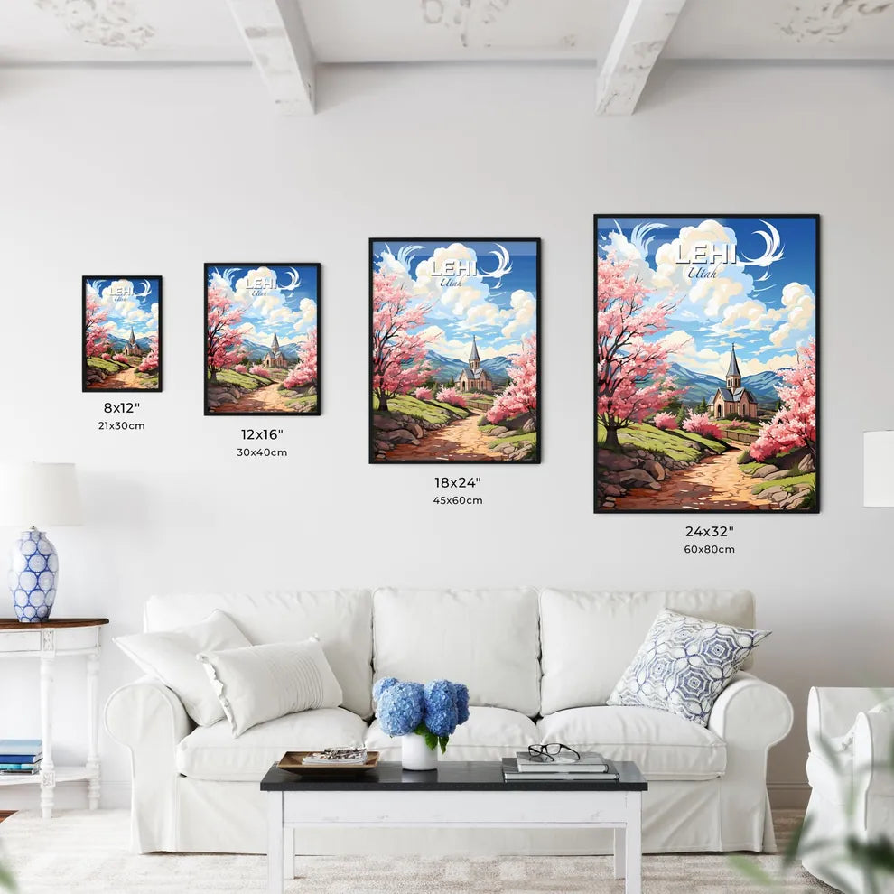 Lehi, Utah, A Poster of a painting of a church and a road with pink flowers Default Title