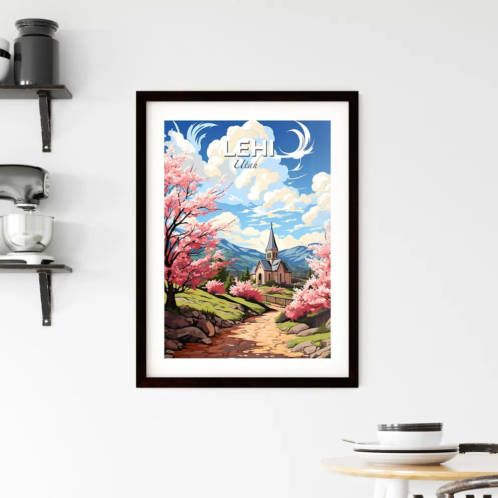 Lehi, Utah, A Poster of a painting of a church and a road with pink flowers Default Title