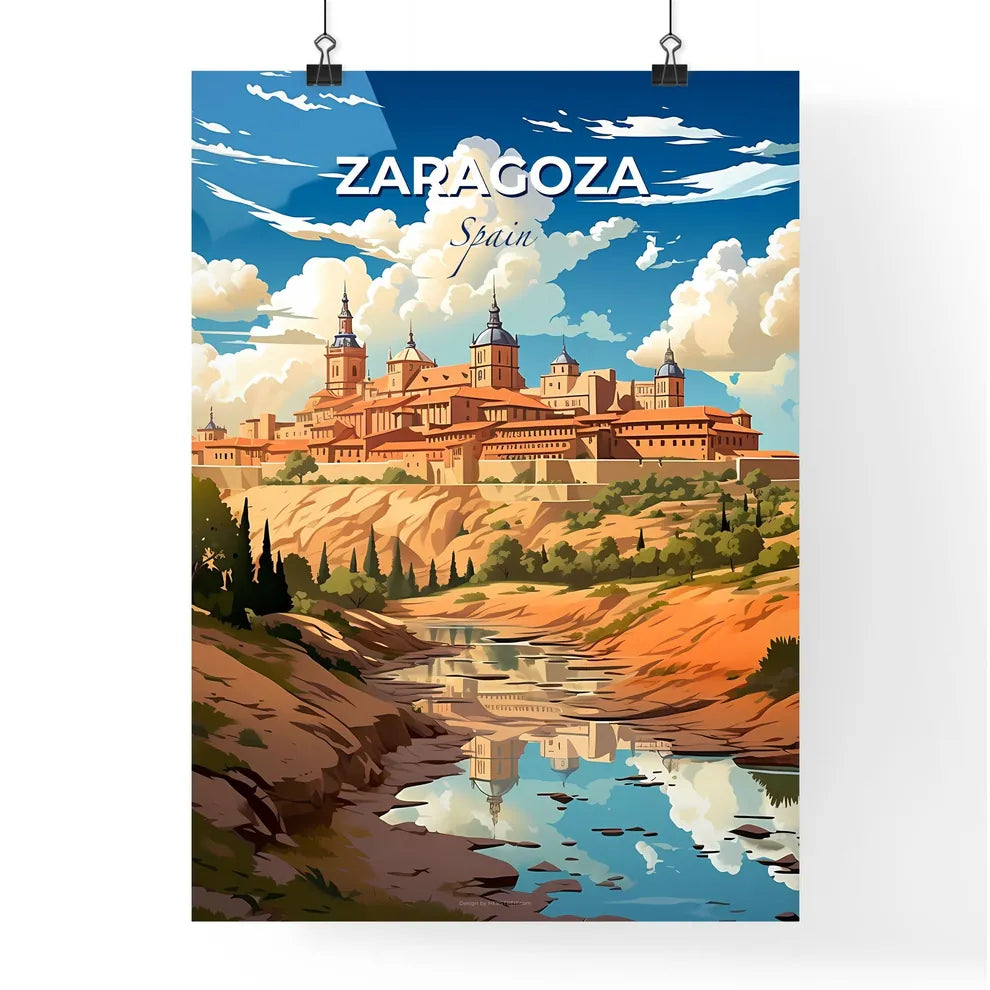 Zaragoza, Spain, A Poster of a castle on a hill with trees and a river Default Title