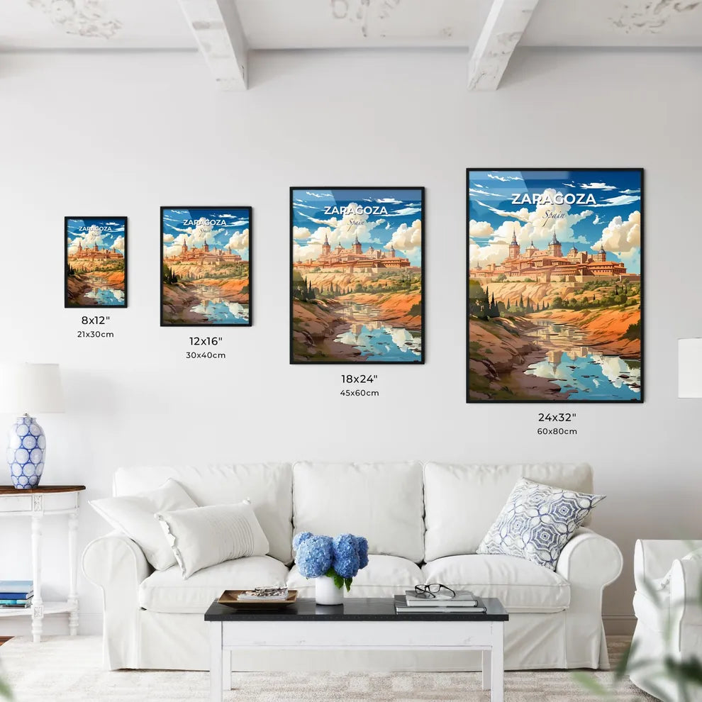 Zaragoza, Spain, A Poster of a castle on a hill with trees and a river Default Title