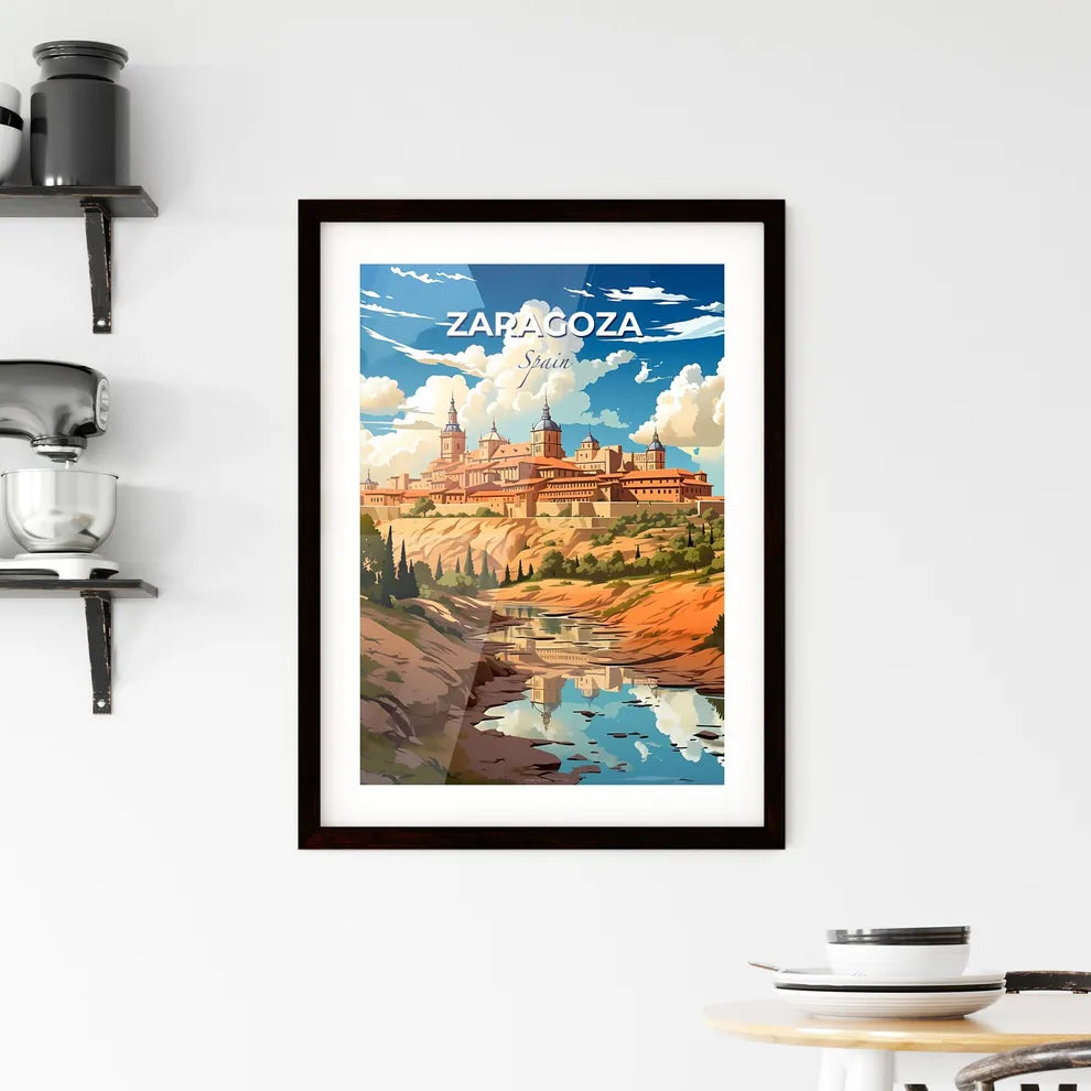 Zaragoza, Spain, A Poster of a castle on a hill with trees and a river Default Title
