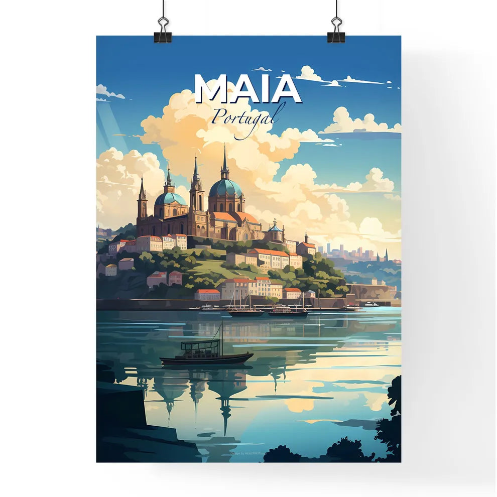 Maia, Portugal, A Poster of a castle on a hill with a boat on the water Default Title