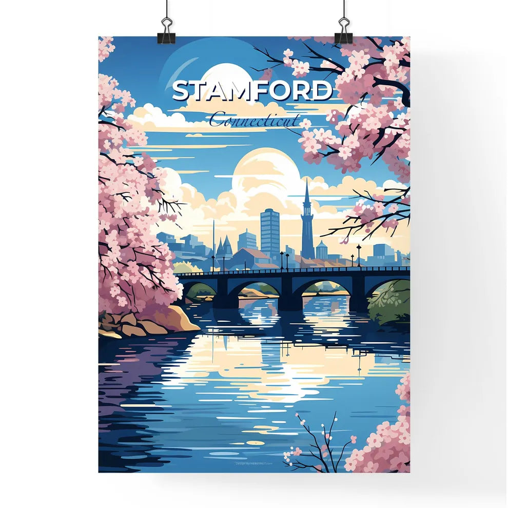 Stamford, Connecticut, A Poster of a bridge over a river with pink flowers Default Title