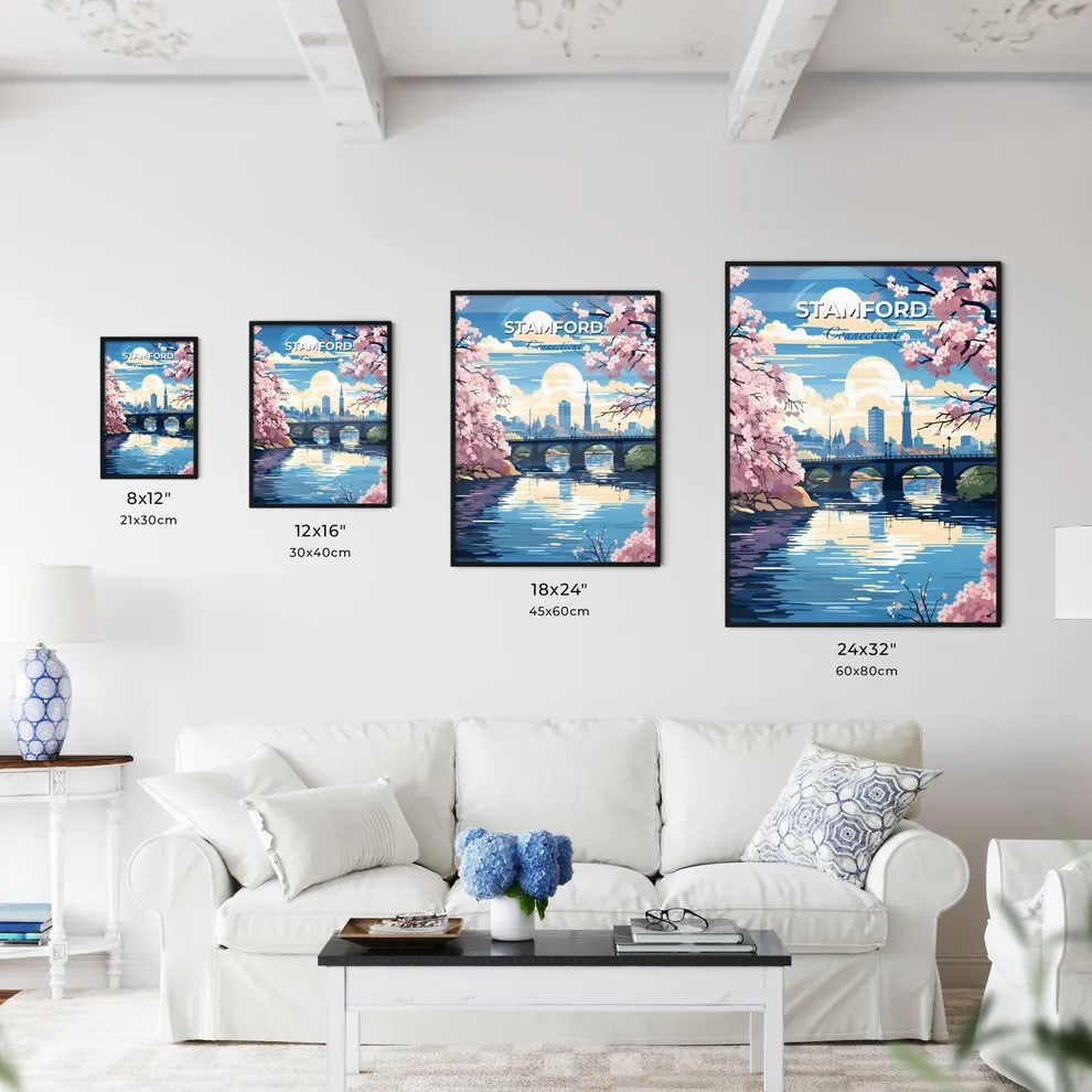 Stamford, Connecticut, A Poster of a bridge over a river with pink flowers Default Title
