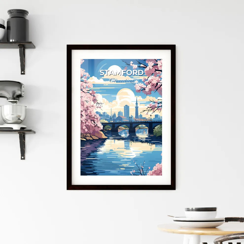 Stamford, Connecticut, A Poster of a bridge over a river with pink flowers Default Title