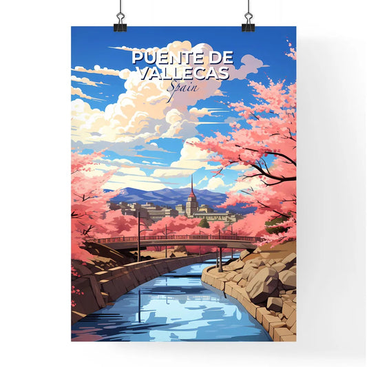Puente De Vallecas, Spain, A Poster of a river with pink trees and a bridge Default Title