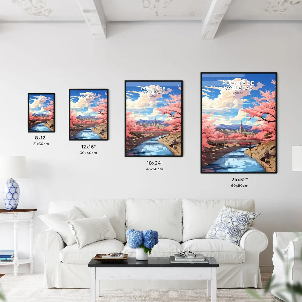 Puente De Vallecas, Spain, A Poster of a river with pink trees and a bridge Default Title