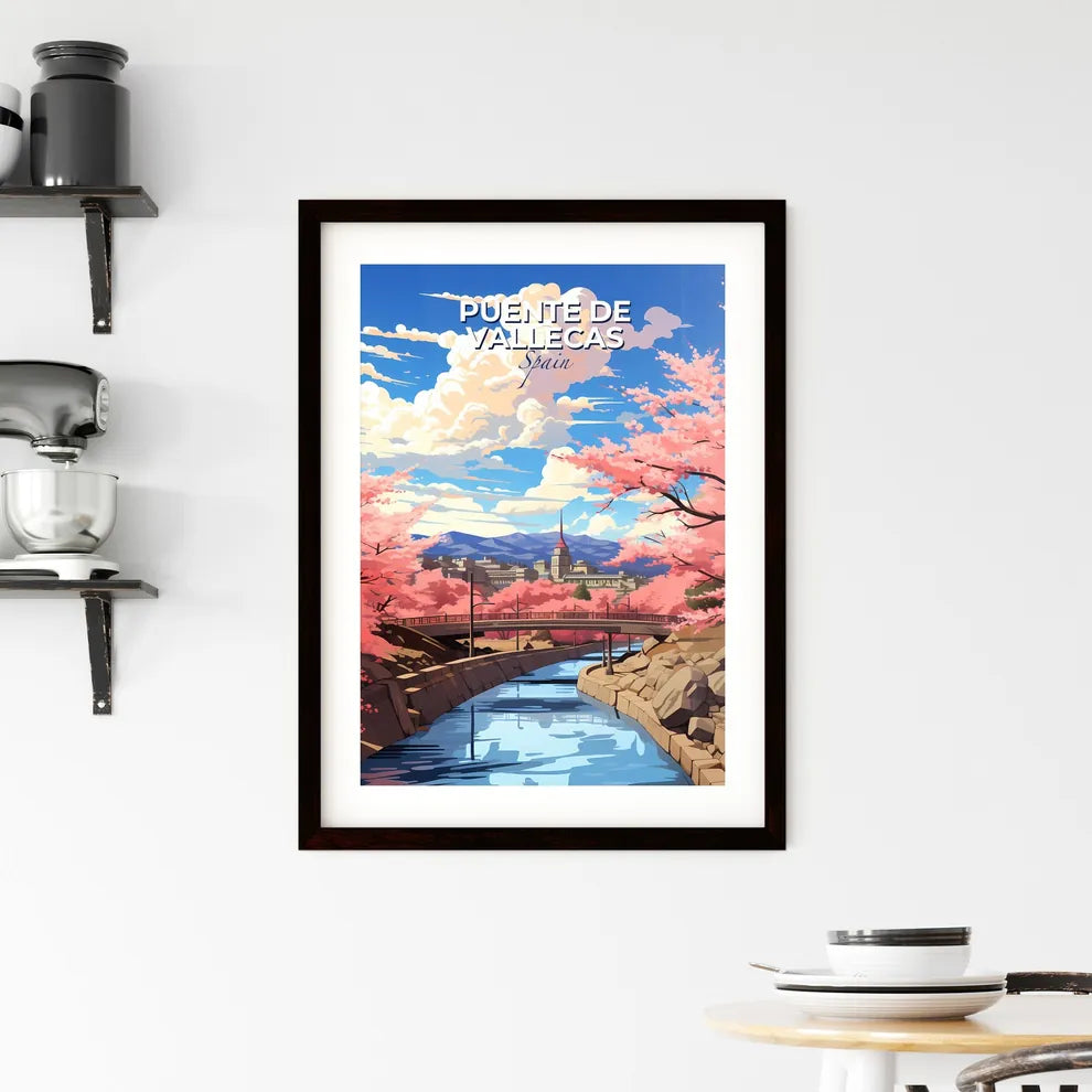 Puente De Vallecas, Spain, A Poster of a river with pink trees and a bridge Default Title