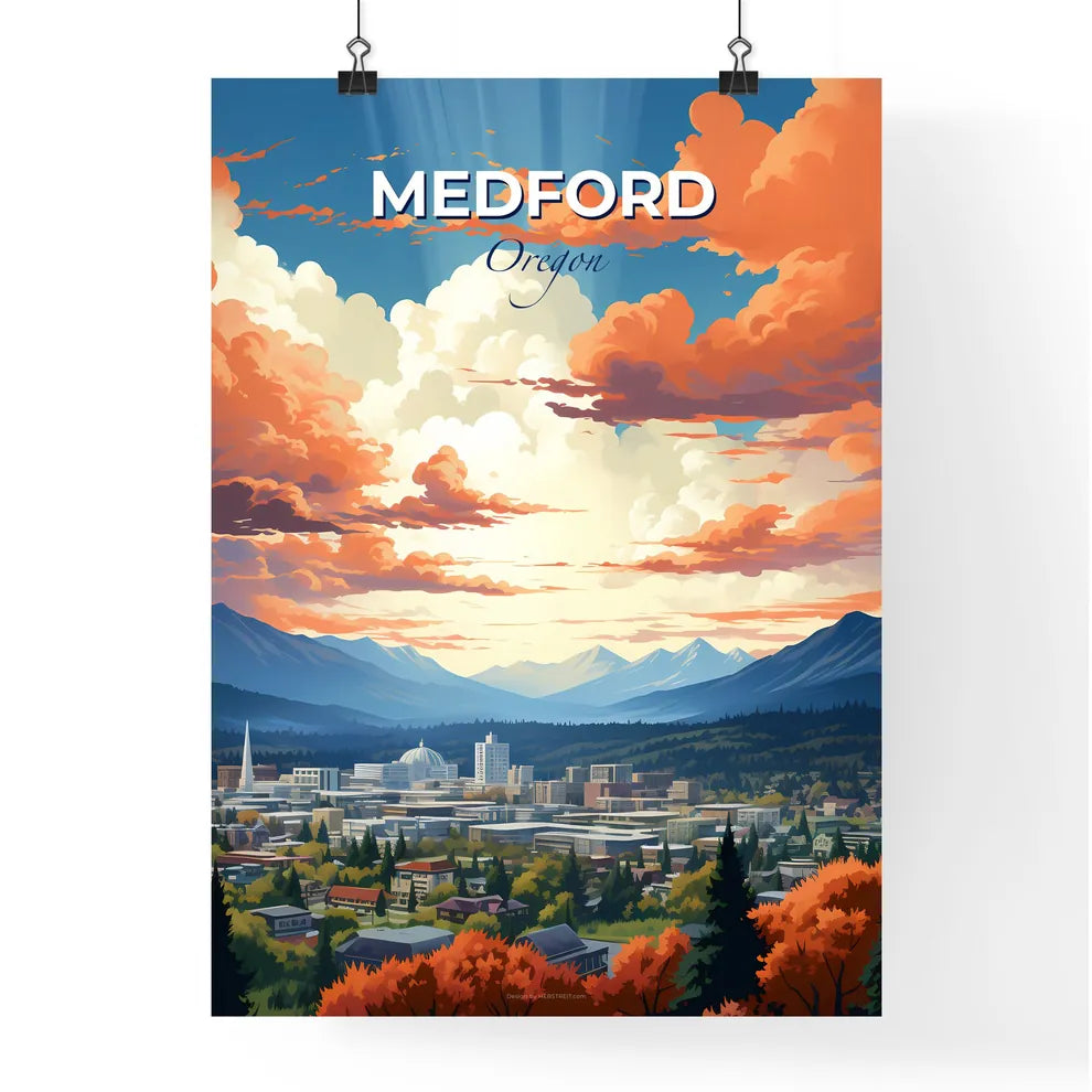 Medford, Oregon, A Poster of a landscape of a city with mountains and trees Default Title