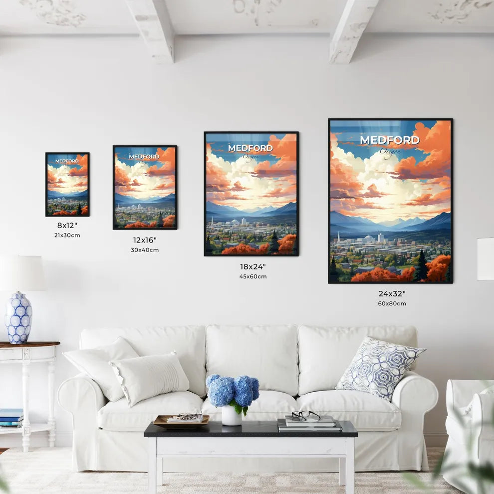 Medford, Oregon, A Poster of a landscape of a city with mountains and trees Default Title