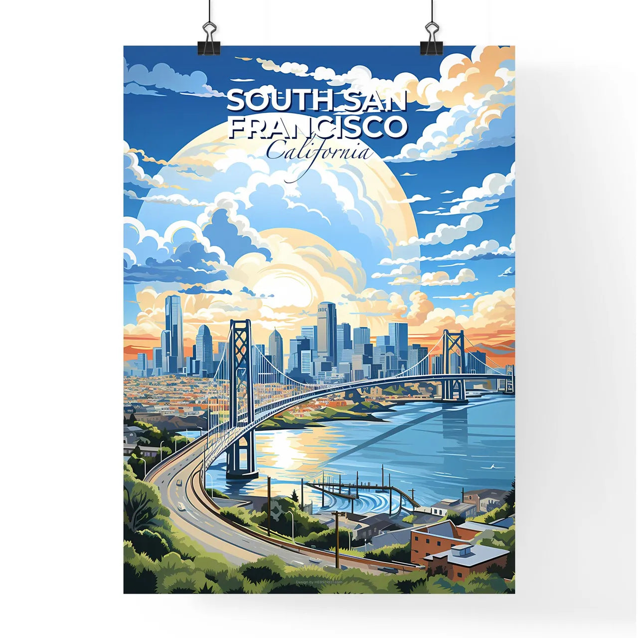 South San Francisco, California, A Poster of a bridge over a river with a city in the background Default Title