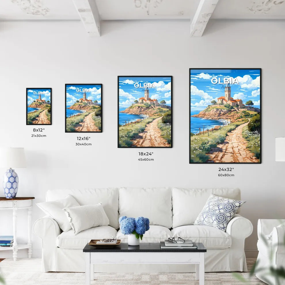 Olbia, Italy, A Poster of a stone path leading to a building on a hill with a blue sky and water Default Title