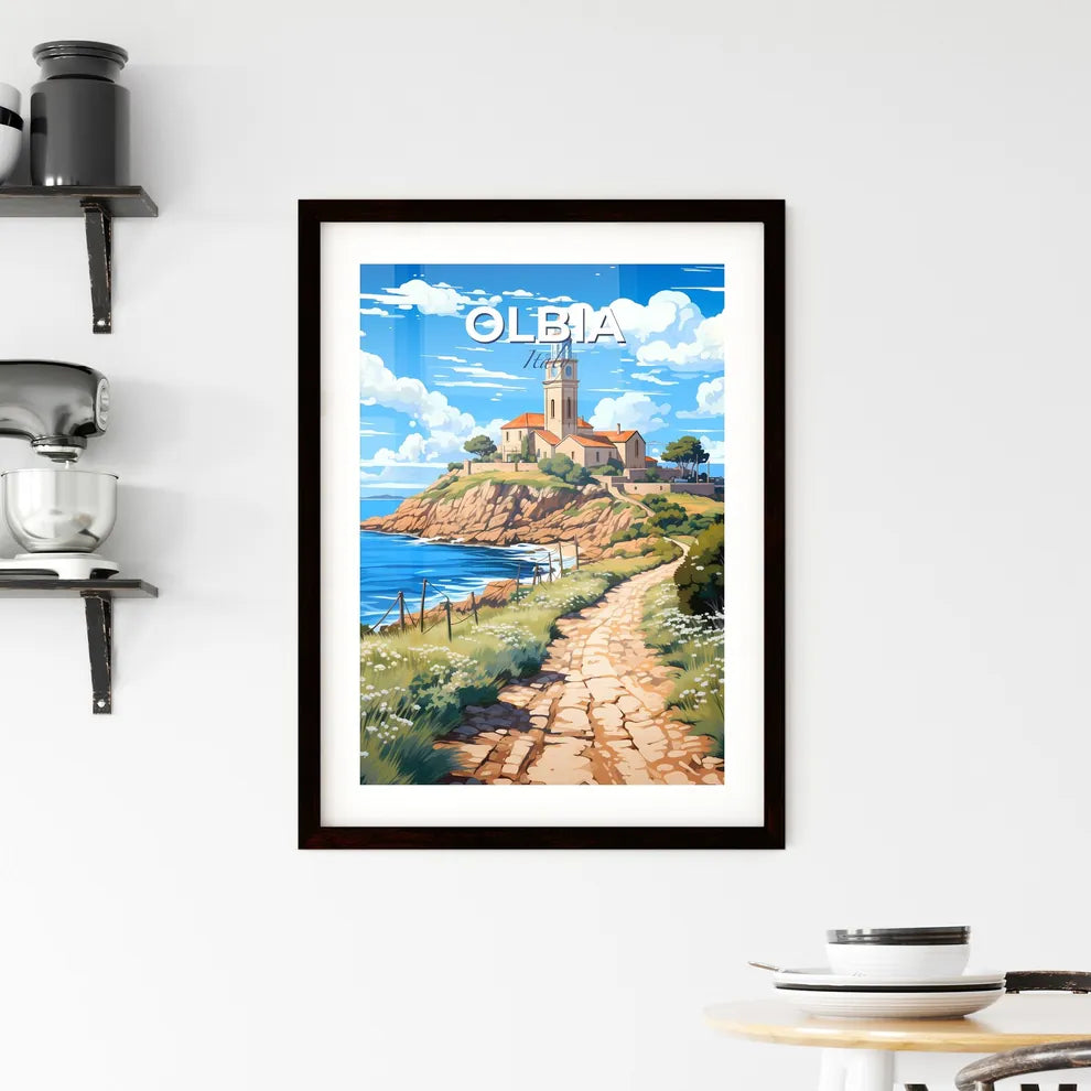Olbia, Italy, A Poster of a stone path leading to a building on a hill with a blue sky and water Default Title