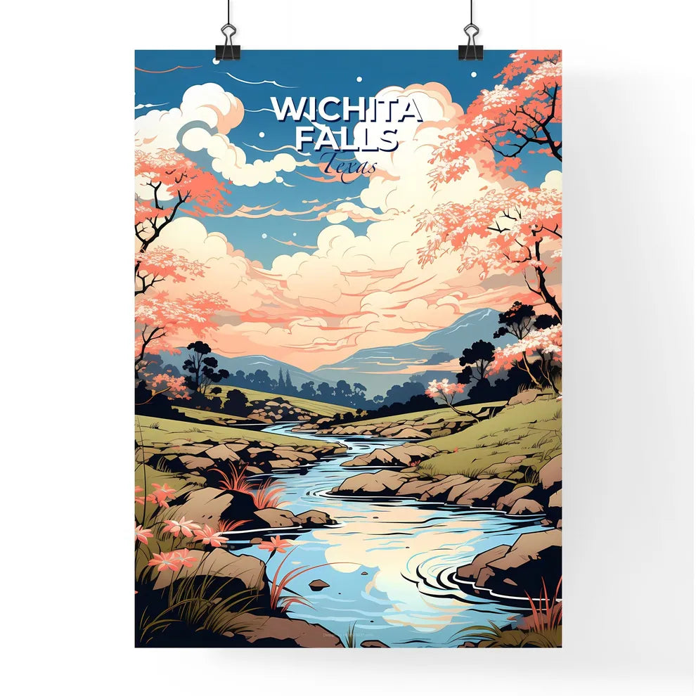 Wichita Falls, Texas, A Poster of a river running through a valley with trees and pink flowers Default Title