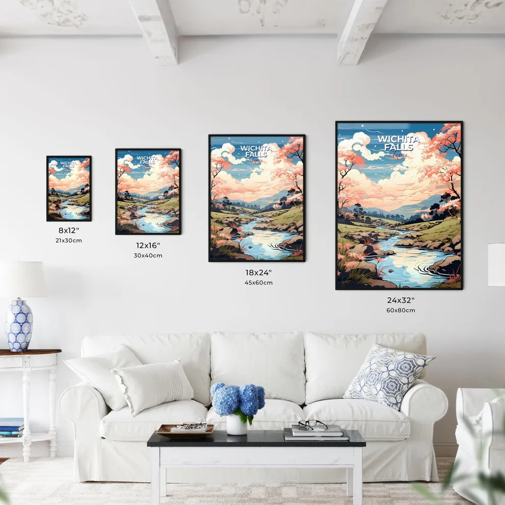 Wichita Falls, Texas, A Poster of a river running through a valley with trees and pink flowers Default Title