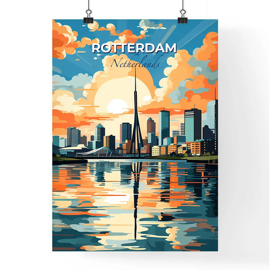 Rotterdam, Netherlands, A Poster of a city skyline with a body of water and a sunset Default Title