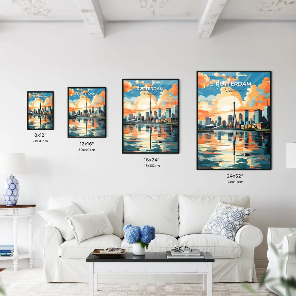 Rotterdam, Netherlands, A Poster of a city skyline with a body of water and a sunset Default Title